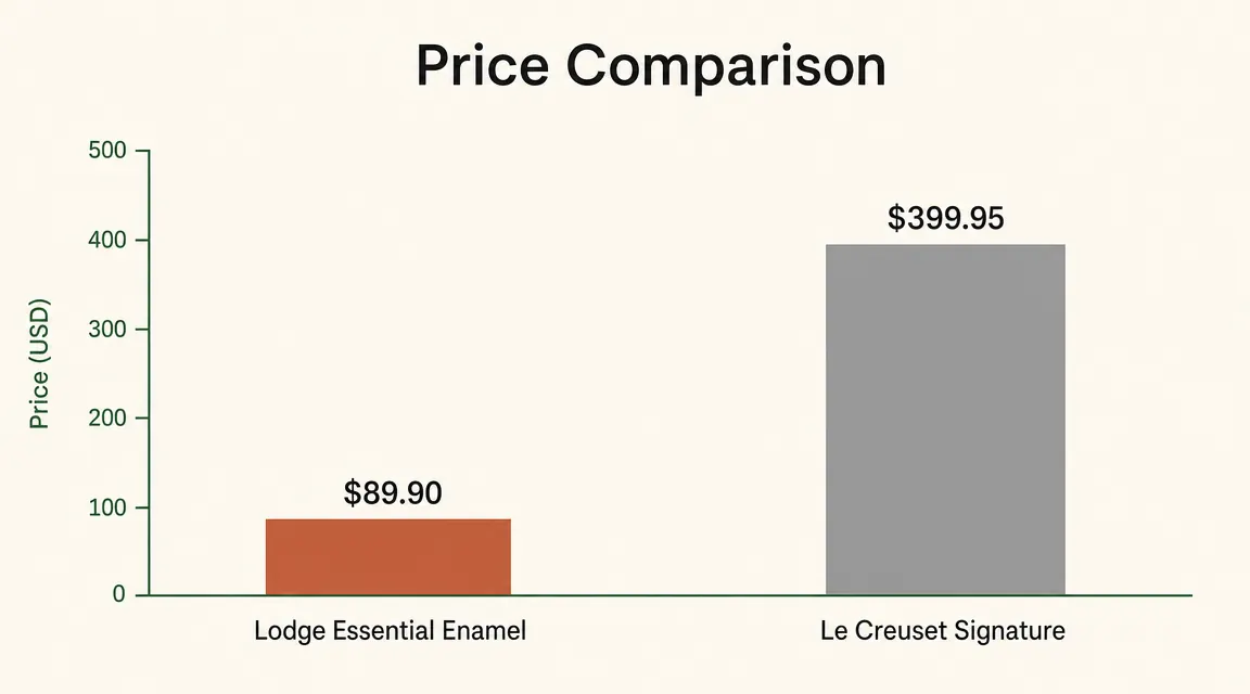 Side-by-side price comparison chart: Lodge at $90 vs Le Creuset at $400, with a checkmark next to Lodge